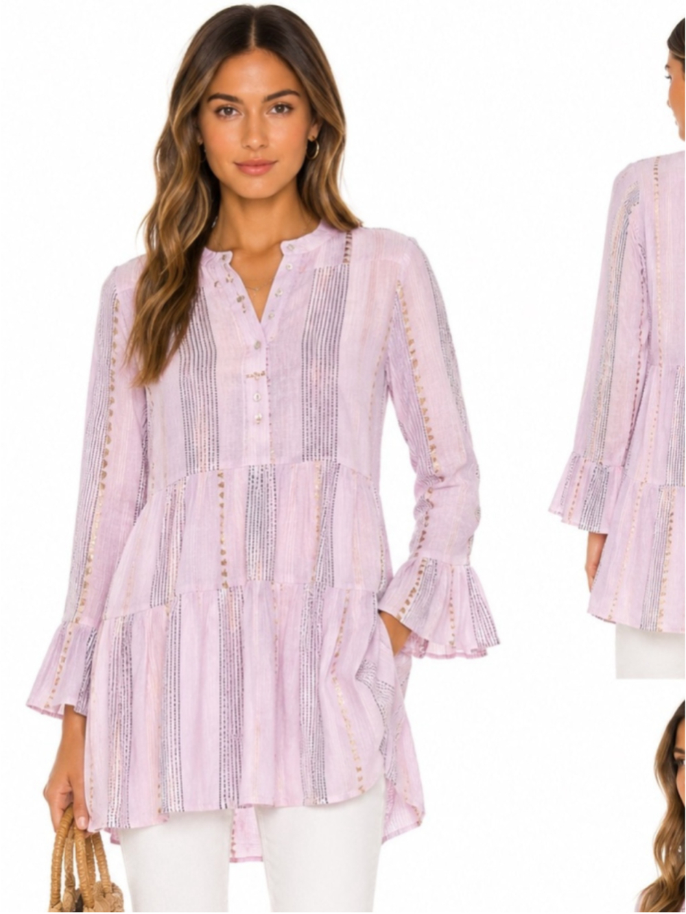 Lemonwood 100% Cotton Pink Tiered Tunic Blouse Gold Stripe Ruffle Sleeve Large